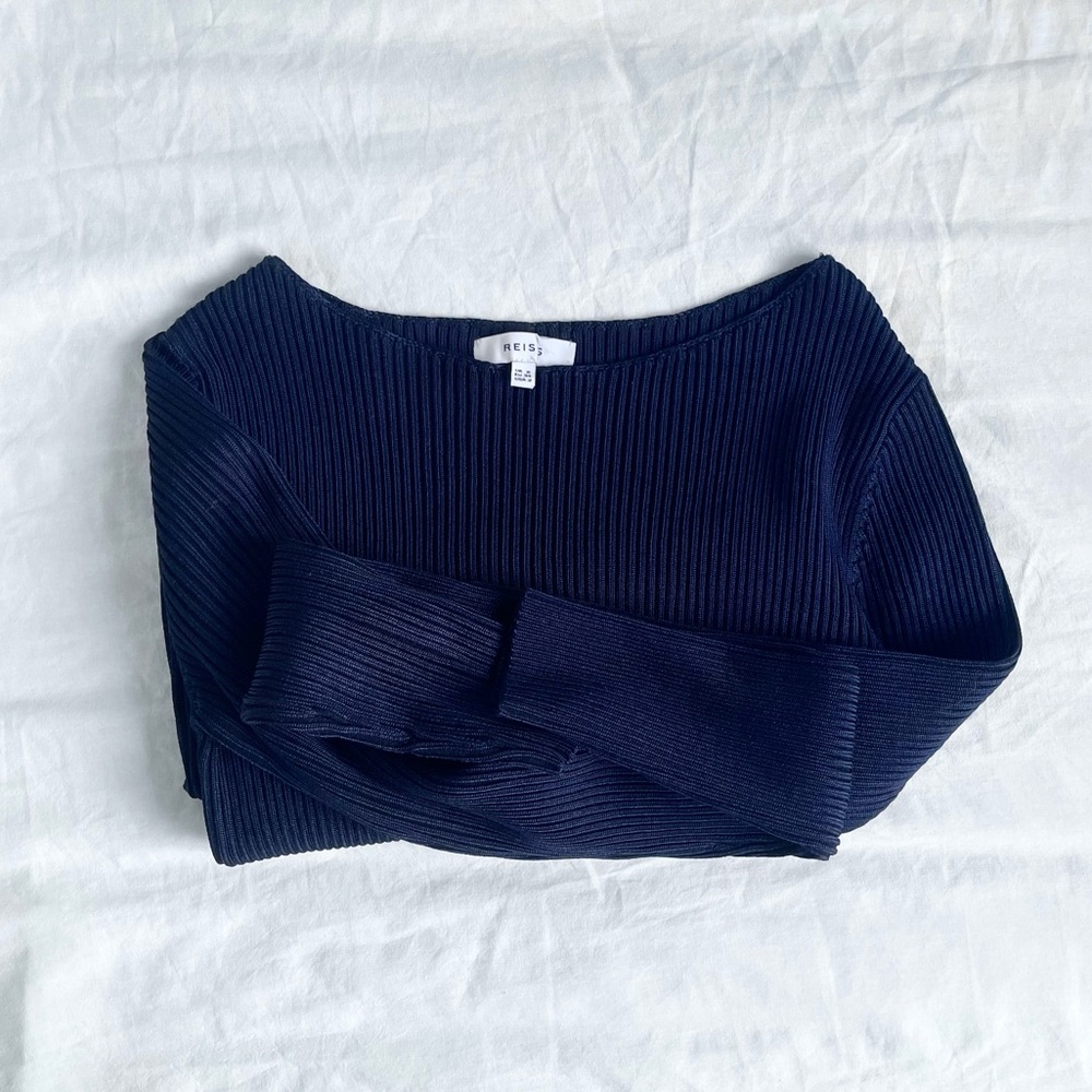 Reiss Dark Blue Ribbed boat Neck Sweater
